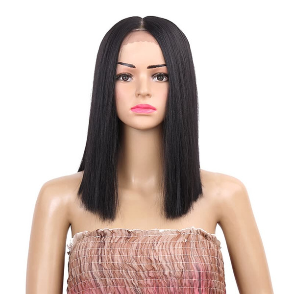 Yaki Lace Front Wigs Bob Short High Temperature Fiber Middle Part Heat Resistant Glueless Yaki Straight Synthetic Wigs For Black Women