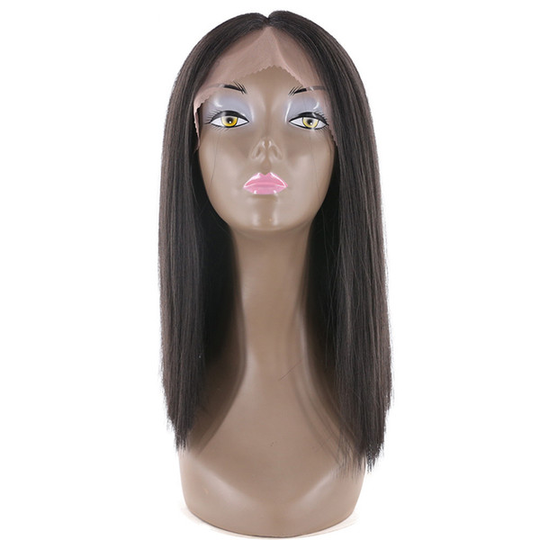 Short Bob Wigs Yaki Straight Middle Part Natural Black Color Synthetic Hair Short Bob Lace Front Wig For Black Women