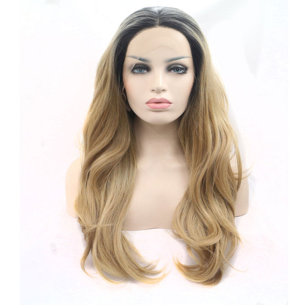 Cheap Synthetic Lace Front Wigs Dark Roots Ombre Brown Natural Wave Heat Resistant Fiber Hair Natural Hairline For Women