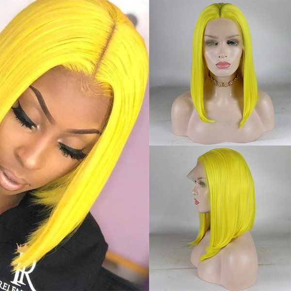 Yellow Lace Front Wig Bob Short Cut For Women Glueless Heat Resistant Fiber Hair Yellow Colored Short Bob Synthetic Wigs Pre Plucked