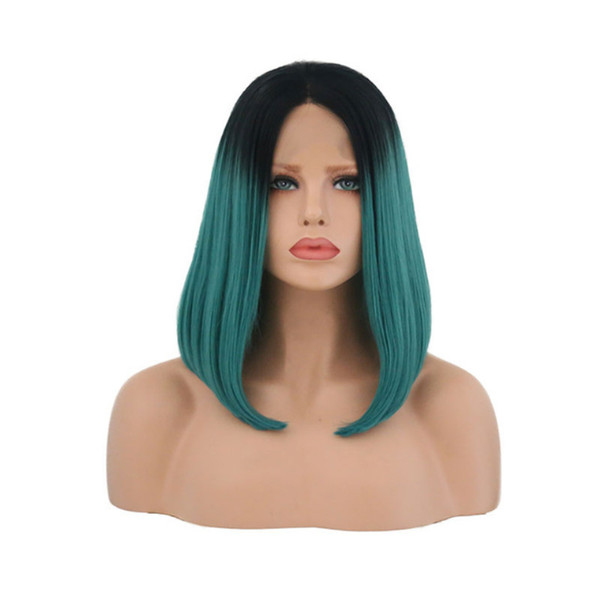 Synthetic Bob Lace Front Wig Dark Roots Ombre Green Short Straight Synthetic Hand Tied Wig Heat Resistant Fiber Hair For White Women