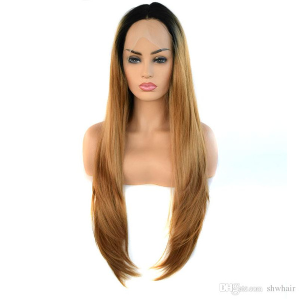 Black Brown Ombre Synthetic Lace Wigs Dark Roots High Temperature Natutral Wave Synthetic Ombre Lace Front Wig For African American Women