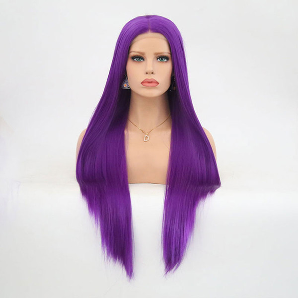 Light Purple Long Straight Synthetic Lace Front Wig Glueless Heat Resistant Fiber Middle Part For White Women