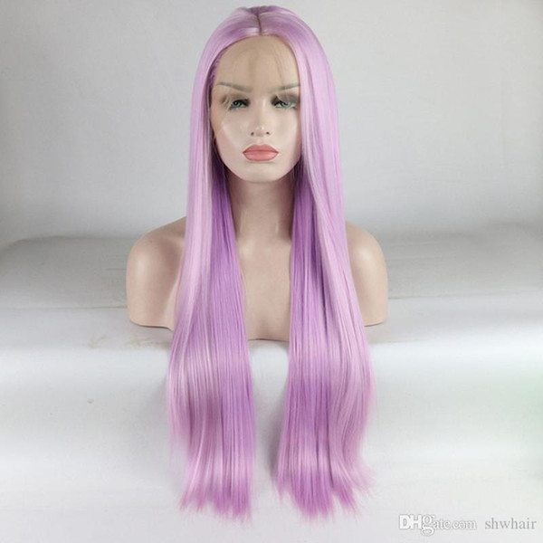 Purple Wig Heat Resistant Fiber For White Women Glueless High Temperature Long Straight Light Purple Synthetic Lace Front Wigs Middle Part