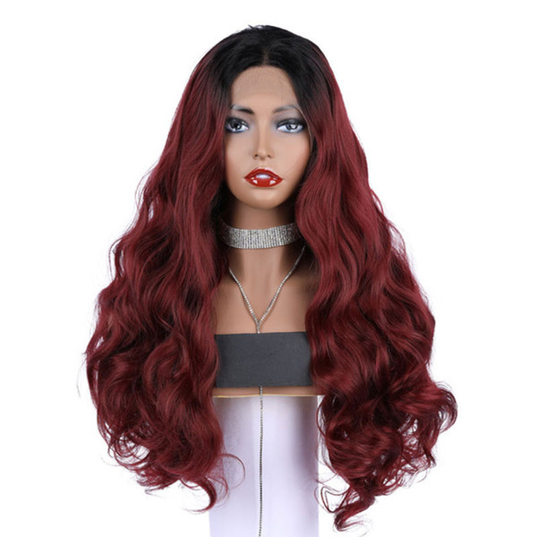 Burgundy Wig Synthetic Lace Front Side Part Long Body Wave Dark Roots Ombre 99J Red Wigs Heat Resistant Hair With Baby Hair