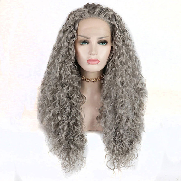 Grey Synthetic Wig 180 Density For White Women Glueless Heat Resistant Fiber Hair Silver Grey Loose Curly Synthetic Lace Front Wigs