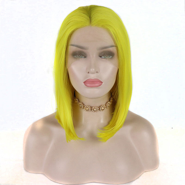 Short Synthetic Wigs Light Yellow Straight Heat Resistant Fiber Middle Part Short Bob Synthetic Lace Front Wigs For White Women