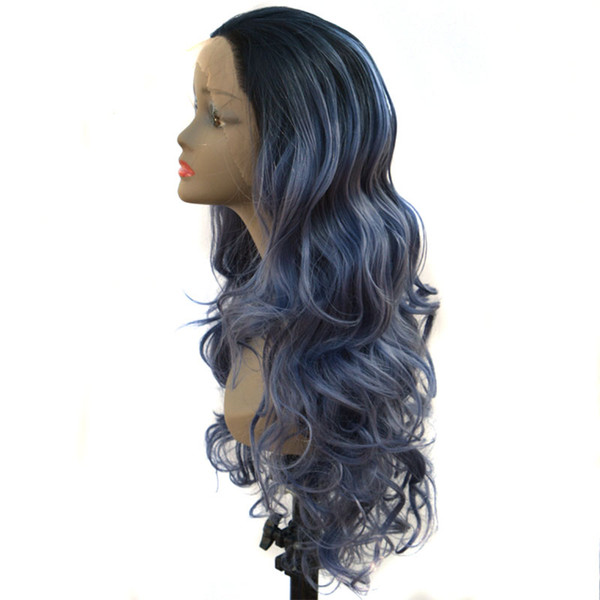 Blue Black Lace Front Wig Synthetic For Women Heat Resistant Fiber Hair Dark Roots Ombre Dark Blue Grey Loose Wave Synthetic Lace Wigs