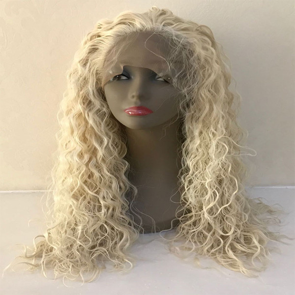 Curly Blonde Synthetic Wig Gluelesss Heat Resistant Fiber For Women White Platinum Blonde Loose Curly Synthetic Lace Front Wigs