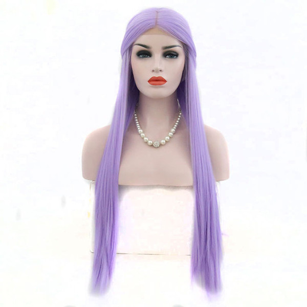 Purple Wig Synthtic For White Women High Temperature Glueless Light Purple Long Straight Hand Tied Synthetic Lace Front Wigs