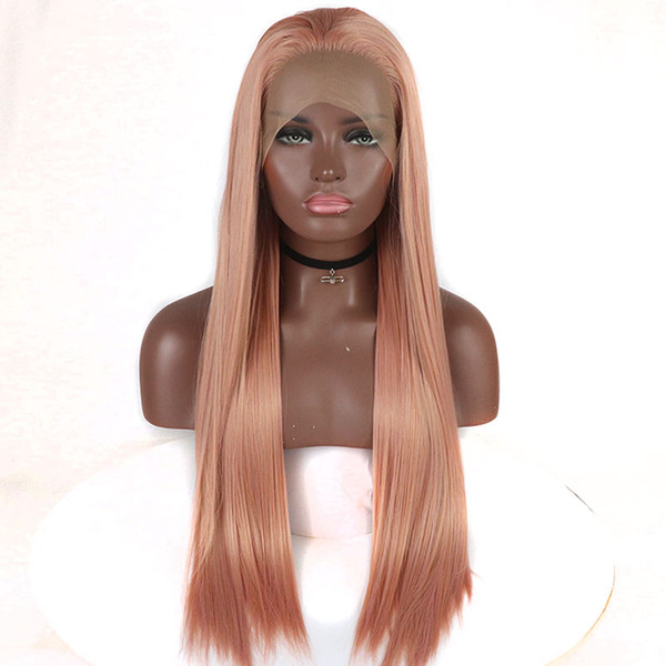 High Temperature Fiber Free Parting Long Silky Straight Pink Synthetic Lace Front Wig For White Women