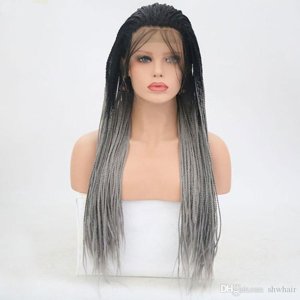 Braided Synthetic Wigs Ombre Grey Black Root Heat Resistant Fiber Hair Glueless Box Braids Synthetic Hair Lace Front Wigs With Baby Hair