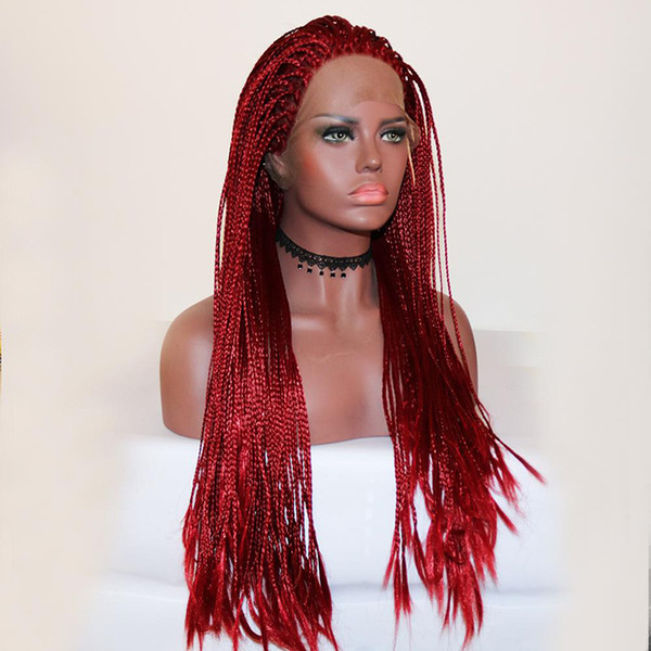 Braided Lace Front Wig With Baby Hair Braided Hair Red Color Handmade Braided Box Braids Red Color Lace Front Synthetic Wigs For Women