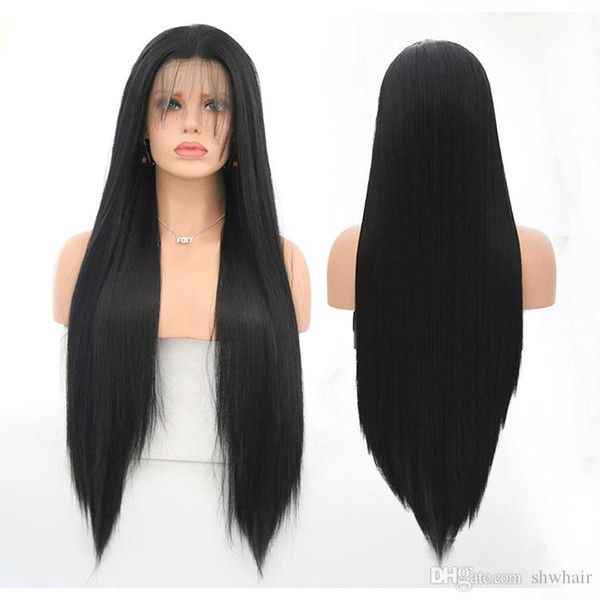 Lacefront Synthetic Wigs For Black Women Silky Straight Hand Tied Long Straight Black Glueless Cheap Synthetic Lace Front Wig With Baby Hair