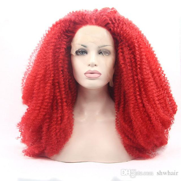 Kinky Curly Afro Synthetic Wig Red Color Glueless Heat Resistant Fiber Hair Hand Tied Red Afro Kinky Curly Synthetic Lace Front Wigs