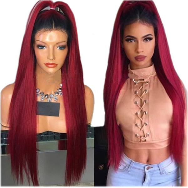 Red Synthetic Lace Front Wig Color Ombre For Black Women Long Glueless Burgundy Ombre Lace Wigs Red Synthetic Heat Resistant With Baby Hair