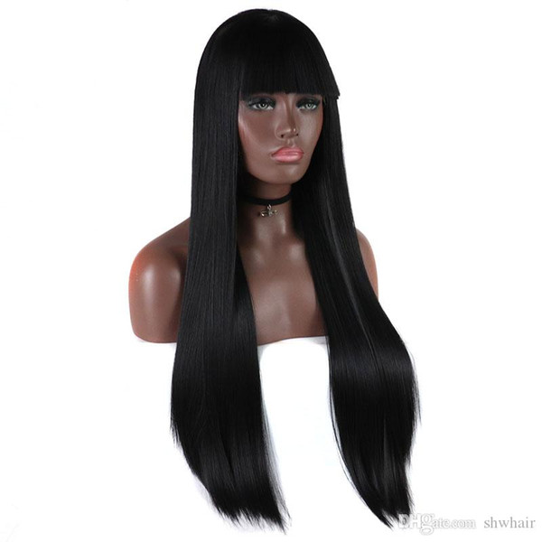 Synthetic Wig With Bangs For African American Glueless Long Black Straight Hand Tied Lace Front Wigs Heat Resistant Fiber Hair With Bang