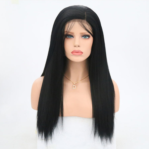 Yaki Synthetic Lace Wig Side Part With Baby Hair Long Black Yaki Straight Glueless Synthetic Lacefront Wigs For Black Women