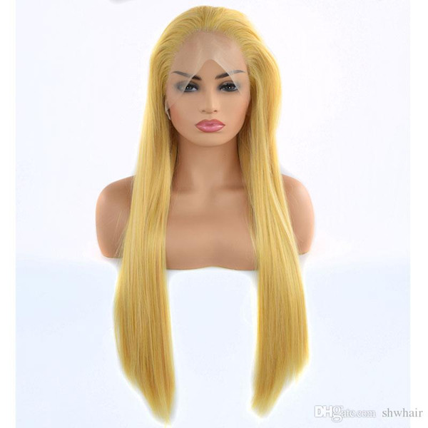 Yellow Synthetic Lace Front Wig Hand Tied Heat Resistant Hair Glueless Long Straight Gold Yellow Natural Looking Synthetic Wigs For Women