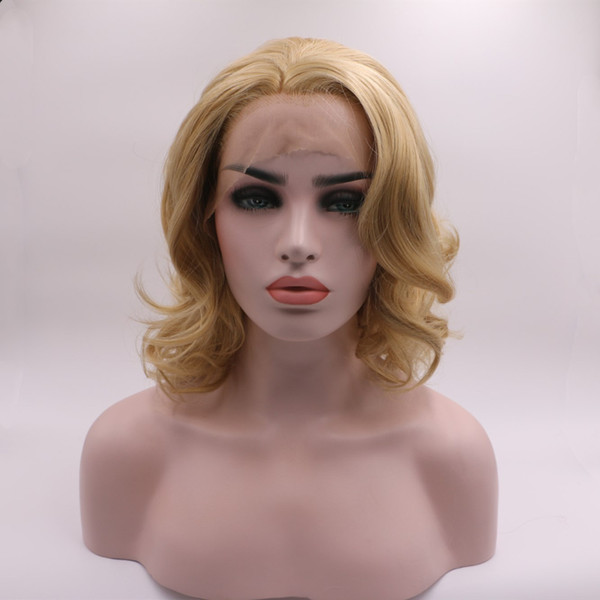 Blonde Bob Wigs Natural Looking Half Hand Tied Heat Resistant Fiber Honey Blonde Wavy Short Bob Synthetic Lace Front Wig For Women