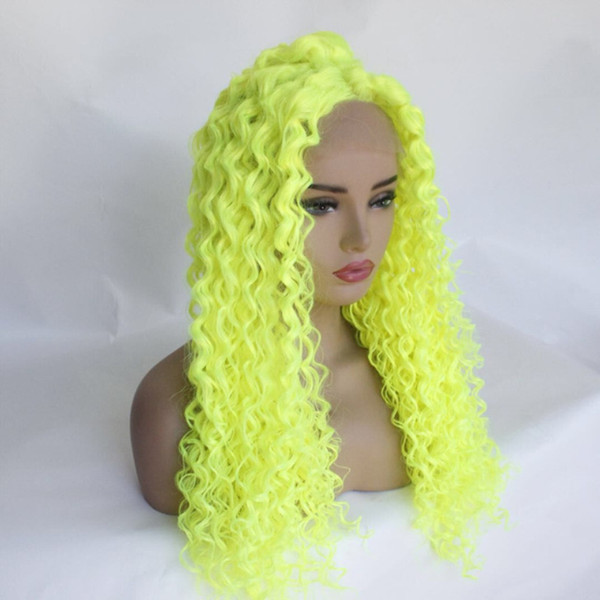 Long Tight Curly Yellow Green Synthetic Lace Front Wigs High Temperature Fiber Synthetic Curly Lace Wigs For Women