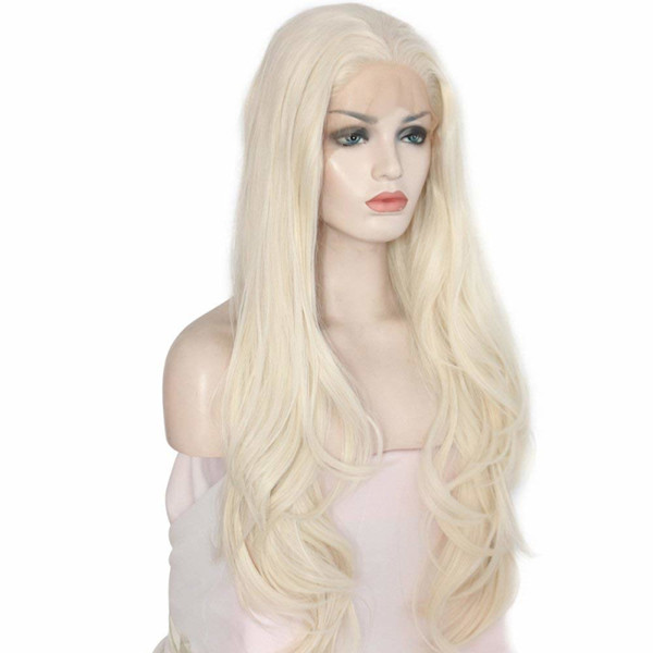 Synthetic Long Blonde Wig With Natural Hairline Natural Long Wavy Glueless Synthetic Fiber Hair Platinum Blonde Lace Front Wig