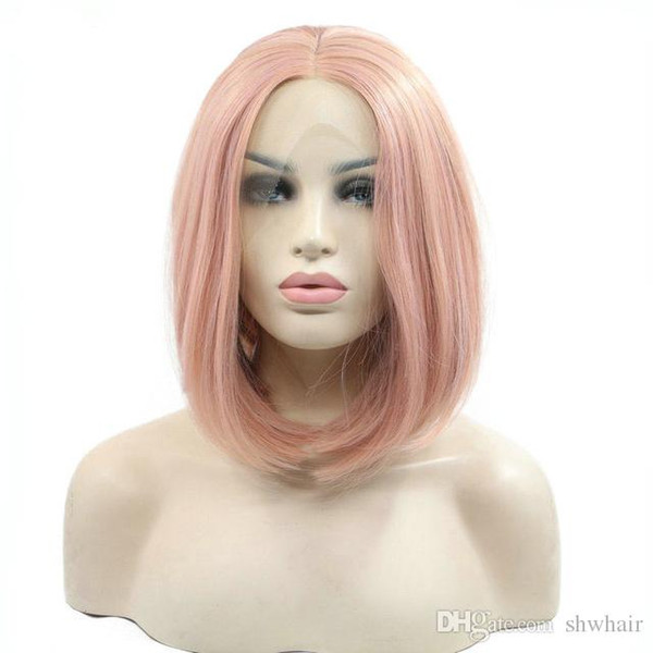 Pink Lace Front Wig Synthetic Short Bob Heat Resistant Fiber Straight Hand Tied Synthetic Lacefront Wigs Middle Part For Women