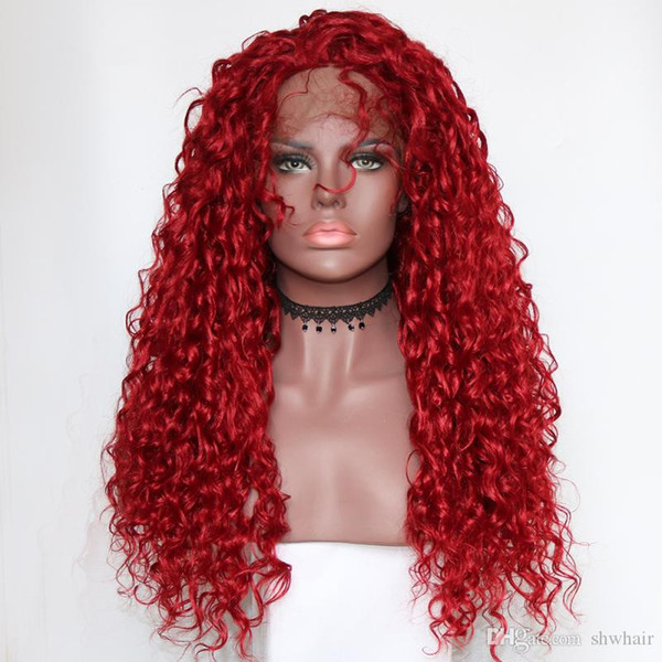 Red Curly Synthetic Wig Baby Hair Heat Resistant Loose Bouncy Curly Half Hand Tied Synthetic Red Lace Front Wigs For Women