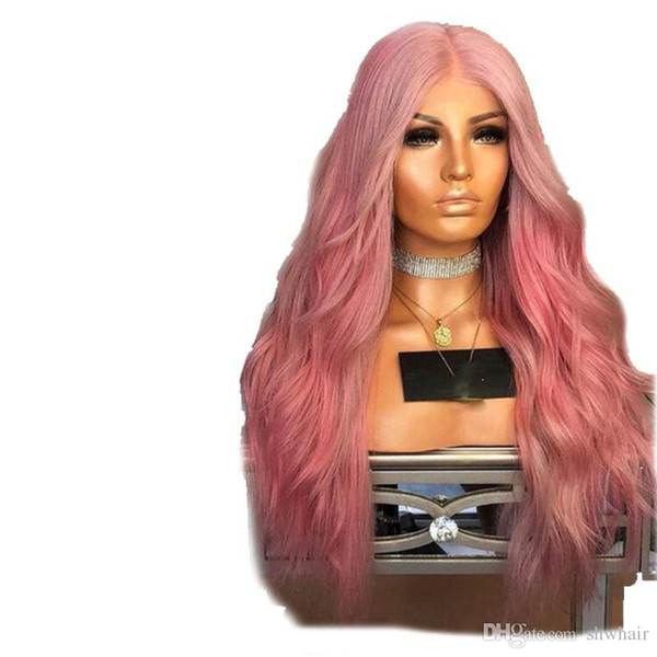 Pink Synthetic Wig Body Wave High Temperature Fiber Glueless Long Wave Peach Pink Synthetic Lace Front Wigs Middle Part