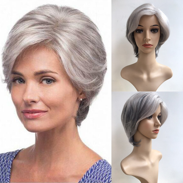 Fashion Short Silver Grey Afro Wig Straight Synthetic BOB Wigs Natural Hair for Old Women None Lace Hairstyle In Stock