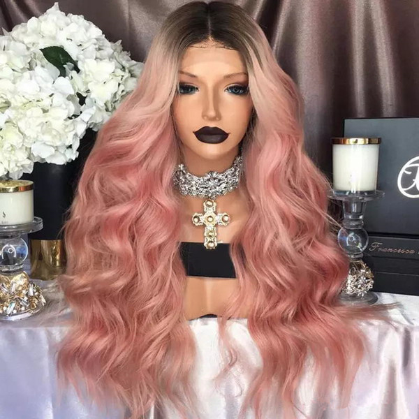 Fashion Ombre Pink Wig Kylie Jenner lace front synthetic wigs Glueless Wavy black root/pink Heat Resistant Hair Women Wigs