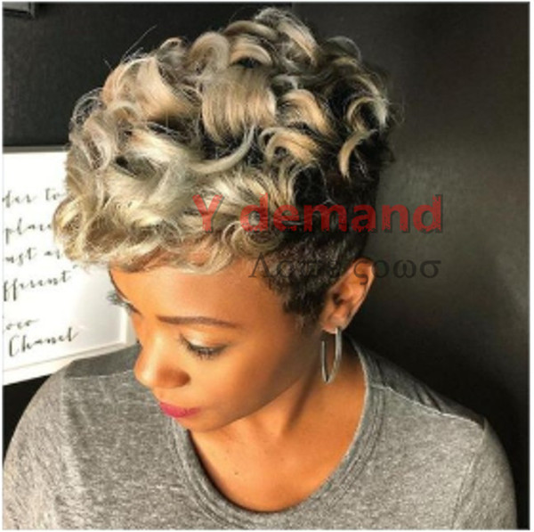 Celebrity Wig Short Straight Ombre Blond Haircuts Pixie Cut Hair Highlights African American None Synthetic Lace Full Wigs Wholesale