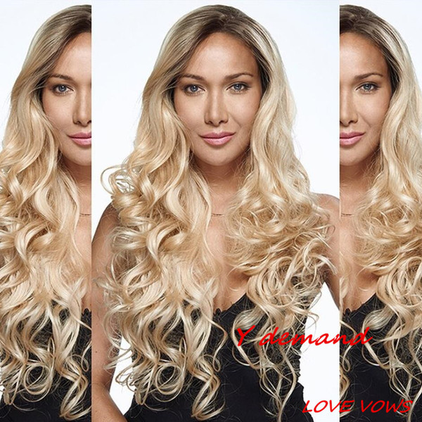 Ombre Long Curly Blonde Wavy Hair Wig Siulation Brazilian Human Hair Wigs Synthetic Wigs For Black Women Y demand