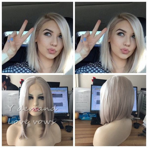 Short Bob Hair Silver Platinum Blonde Lace Front Lace Wigs Synthetic Ash Blonde Straight Heat Resistant Fiber Wigs Middle Parting Wig