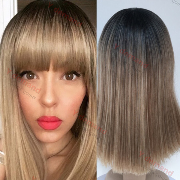 Fashion Short Sexy Bob Wigs Ombre Blonde Peruvian Full None Lace Synthetic Hair Wigs Straight For Black Woman Hairstyle In Stock