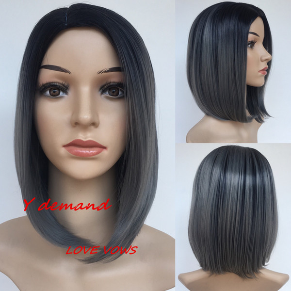 12inch Fashion New Straight Short Ombre Grey Wig Simulation Brazilian Human Hair Full Wig For Black Women Y demand