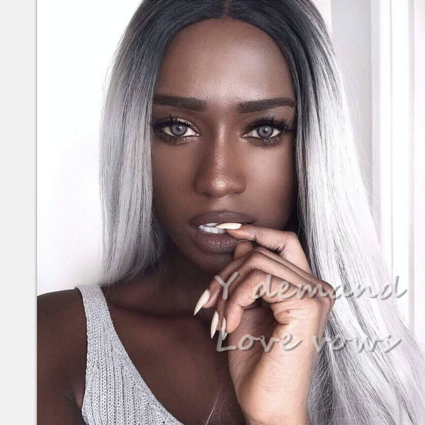 Newest Fashion Ombre Grey Long Straight Hair Afro Wig Siulation Brazilian Human Hair Wigs Full Wigs In stock For Black Women Y demand