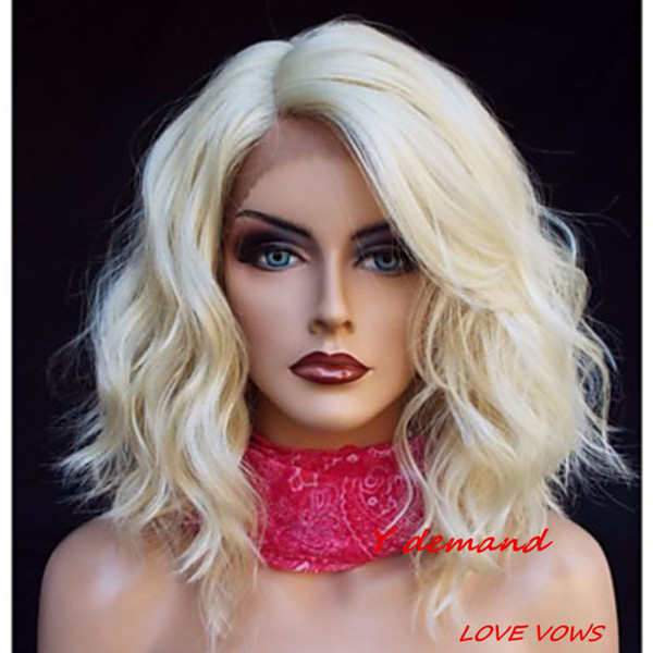 Synthetic Lace Front Wig Blonde Color 613 # Natural Wave Curly Wig Bob Wigs 150% Density Brazilian Virgin Hair Glueless