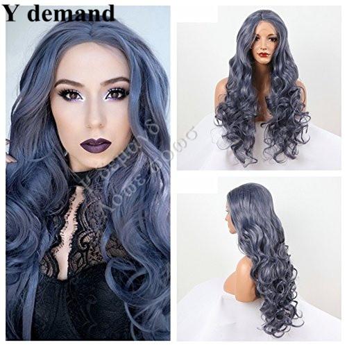 Long Curly Wig Dark Gray Blue Women's Gray Blue Hot Heat-Resistant Synthetic Lace Front Wig In Stock (Color: Blue)