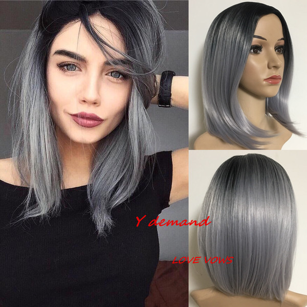 Fashion Short Straight Ombre Black Grey Afro Wig Synthetic Wigs Natural Hair for Black Women None Lace Hairstyle In Stock