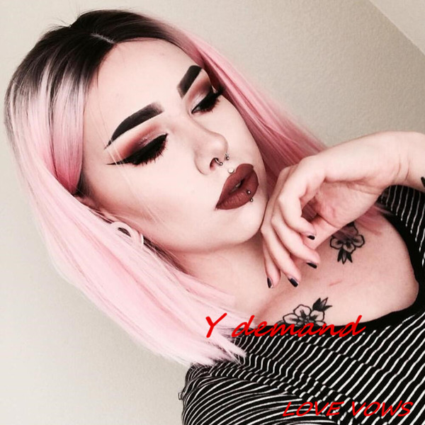 Ombre Pink Black Bob Style 14 Inch 230g Synthetic Straight Wig Wigs for Women Black Fiber High Temperature cosplay Wig