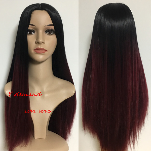 Newest Ombre Black Grey/Burgundy/Brown Wig Afro Long Straight Hair Fashion Siulation Brazilian Human Hair Wigs Full Wigs In stock Y demand