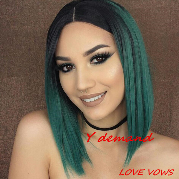 Ombre Straight Hair Glueless Full Short Bob Wigs 1b# Green Middle Part Perruque Synthetic Wig For Black Women