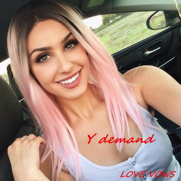 Cheap Long Ombre Black Pink Wigs Two Tone Natural Silky Straight None Lace Synthetic Wigs Heat Resistant