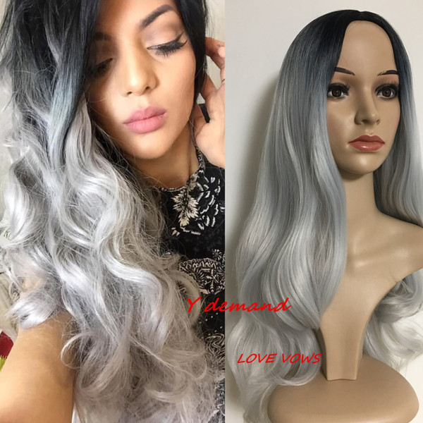 Fashion Long Silky Body Wavy Ombre Grey Wig Simulation Brazilian Like Human Hair Wigs Silky Wavy Wigs For Black Women Y demand