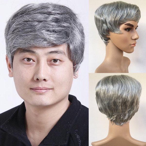 Fashion Mens Male Wig Handsome Vogue Short Light Grey Straight Wigs For African American Full Wigs None Lace Hair In Stock Y demand