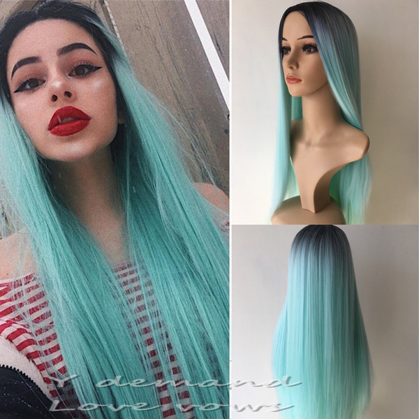 Long Straight Ombre Wigs for Women Green Heat Resistant Fiber Black Roots Full Wig for Women Party Wigs