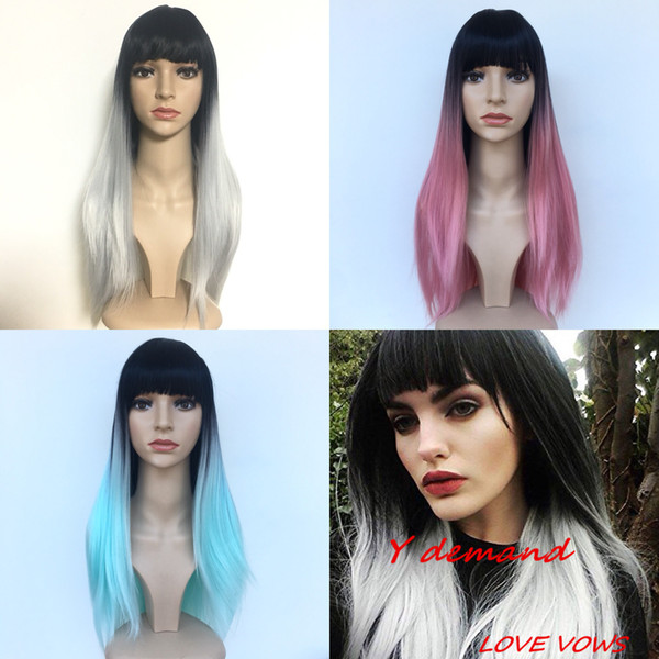 Grey Blue Pink Ombre Black Wig Synthetic Wigs for Black White Women Long Straight False Hair Hot sale Heat Resistant