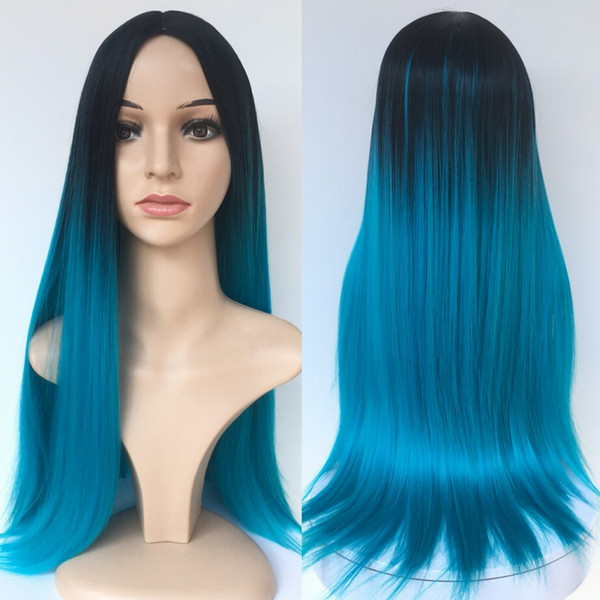 Fashion Black Blue Long Synthetic Wigs Straight Natural Perucas for Black Women Afro Perruque Cosplay Wig None Lace Hairstyle In Stock