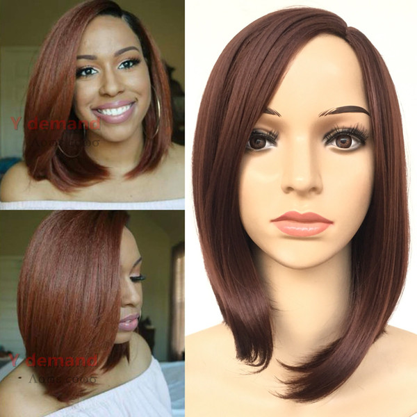 Short Brown Synthetic Hair Wigs for Black Women Women Daily Costume Cosplay Wigs with Bangs Wholesale African American Wigs with Cap